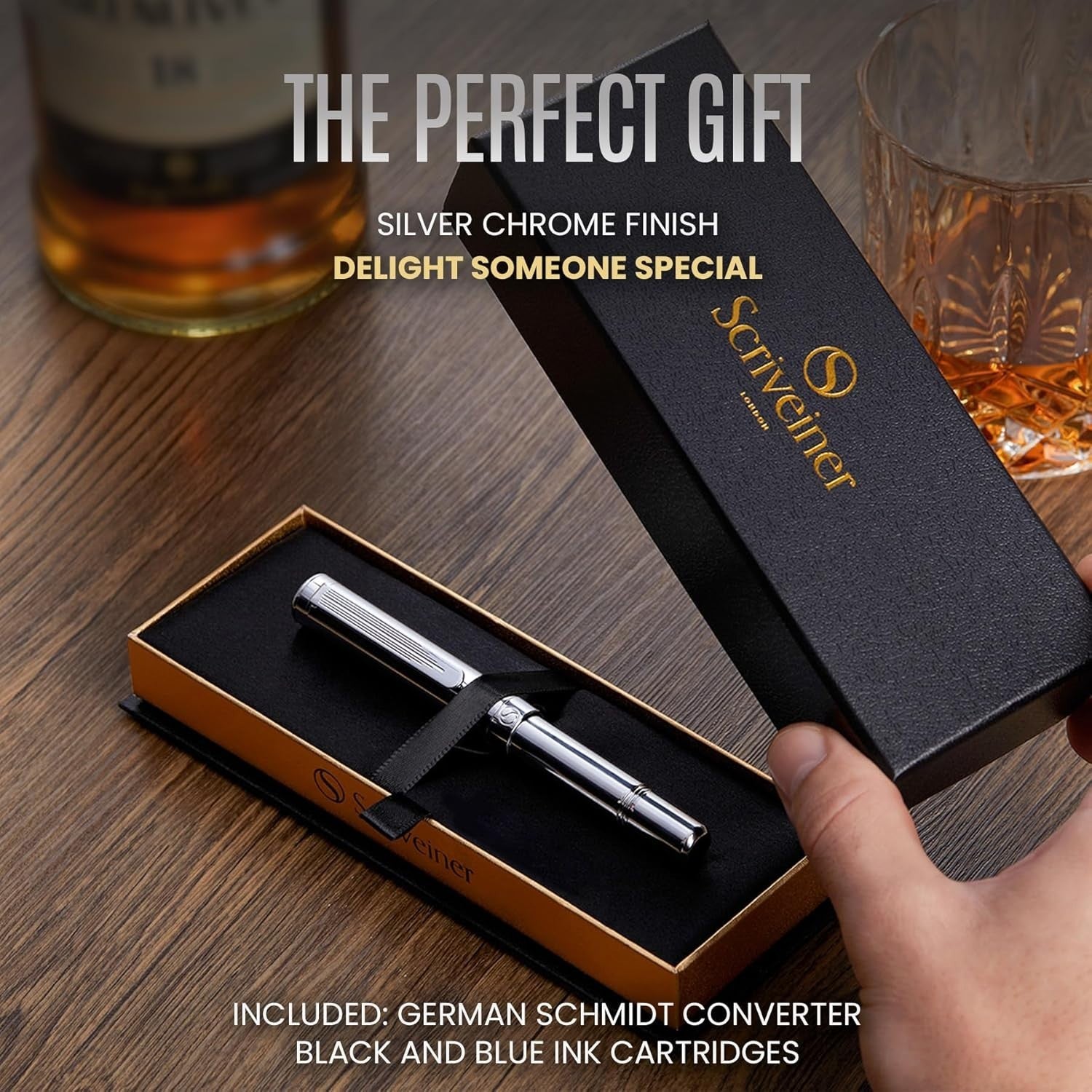 Luxury Silver Chrome Fountain Pen Fine Nib Heavy Brass Gift