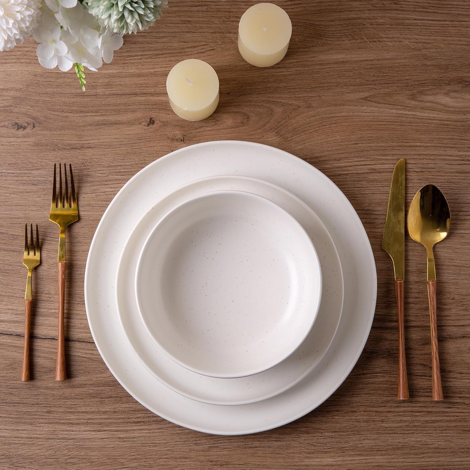 18pc Stoneware Dinner Set Wavy Rim Plates Bowls Matte Speckled White