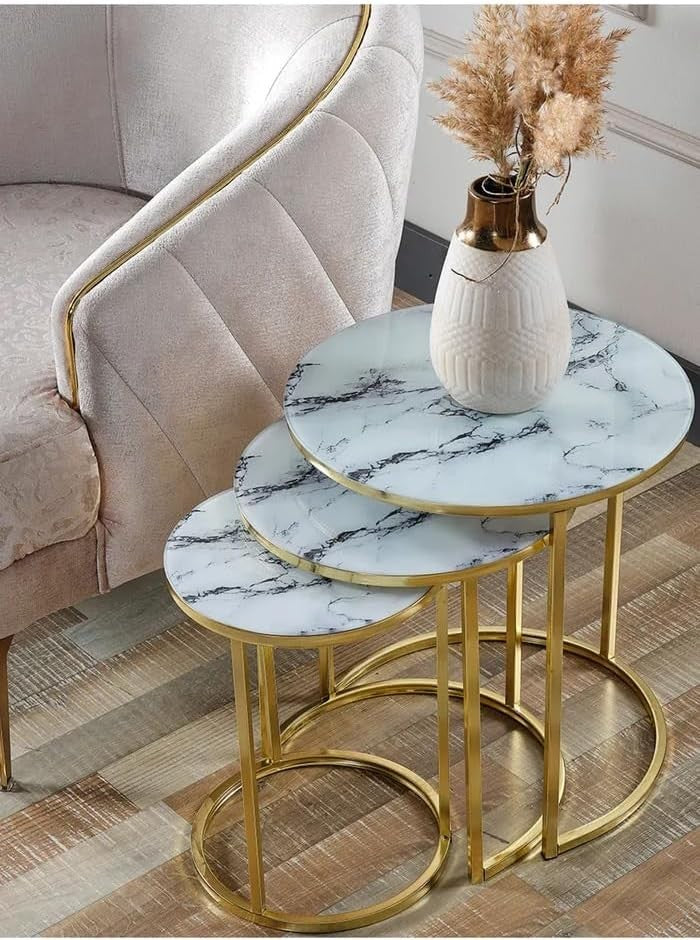Round Nesting Coffee Side Tables Set Tempered Glass Top Space Saving 50cm