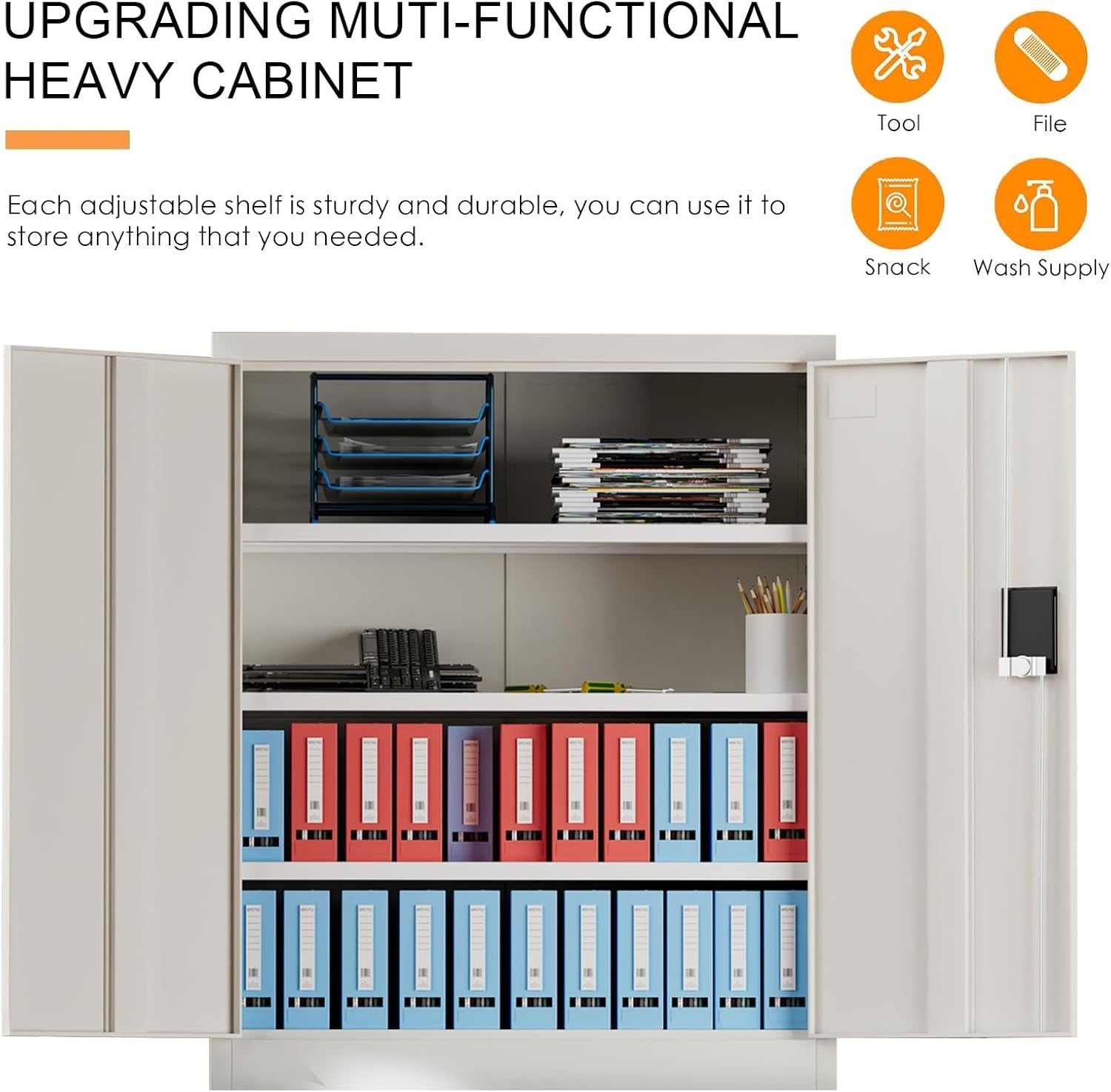 Lockable Metal Storage Cabinet 4 Tier Adjustable Shelves Heavy Duty