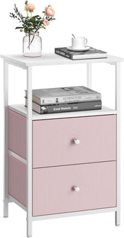 Tall Pink Bedside Table with 2 Fabric Drawers & Shelf – Modern Storage Unit