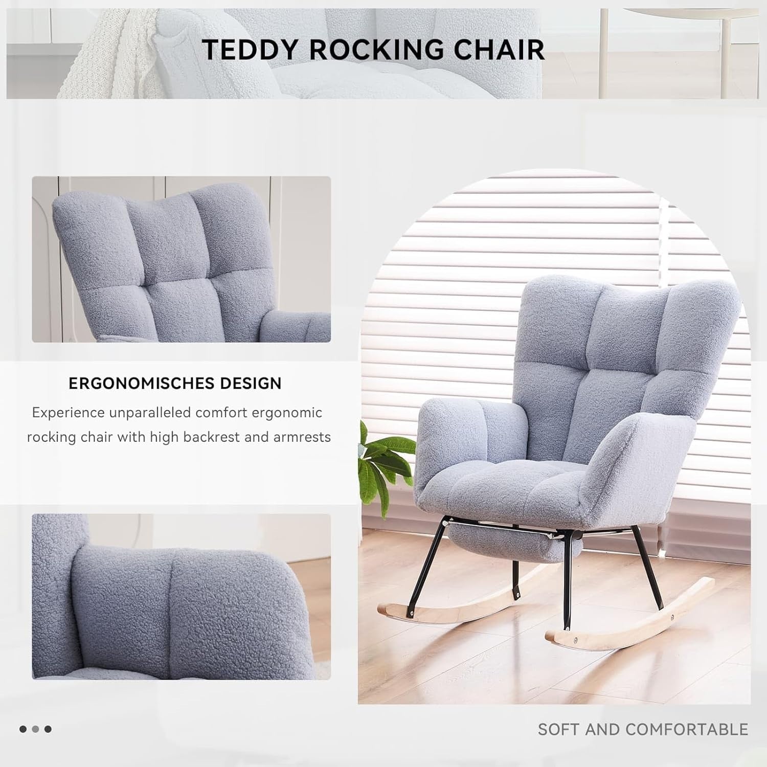 Ergonomic Nursing Rocking Chair with Footstool, Soft Teddy Fabric, Gray