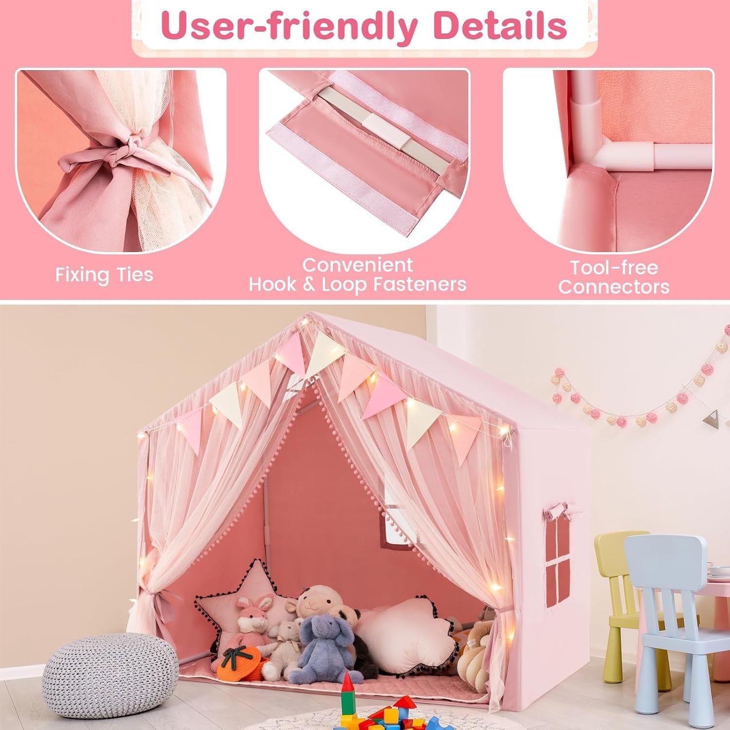 Large Kids Play Tent Castle Indoor w Star Lights Mat Windows Girls Boys