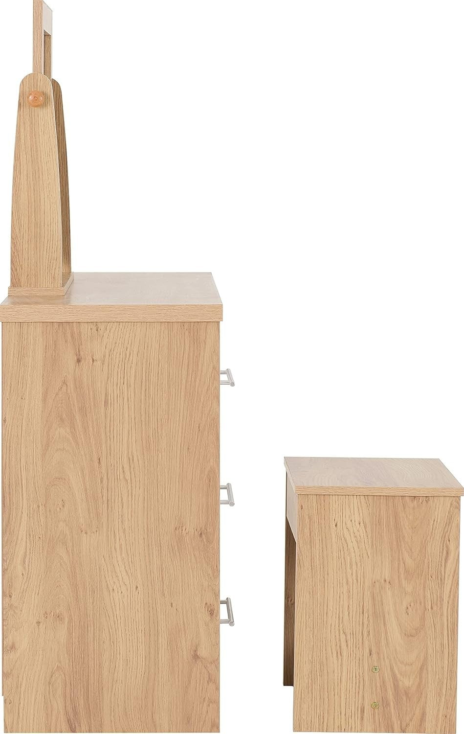 Grey High Gloss Dressing Table Set 3 Drawer Mirror Stool Light Oak Effect Veneer