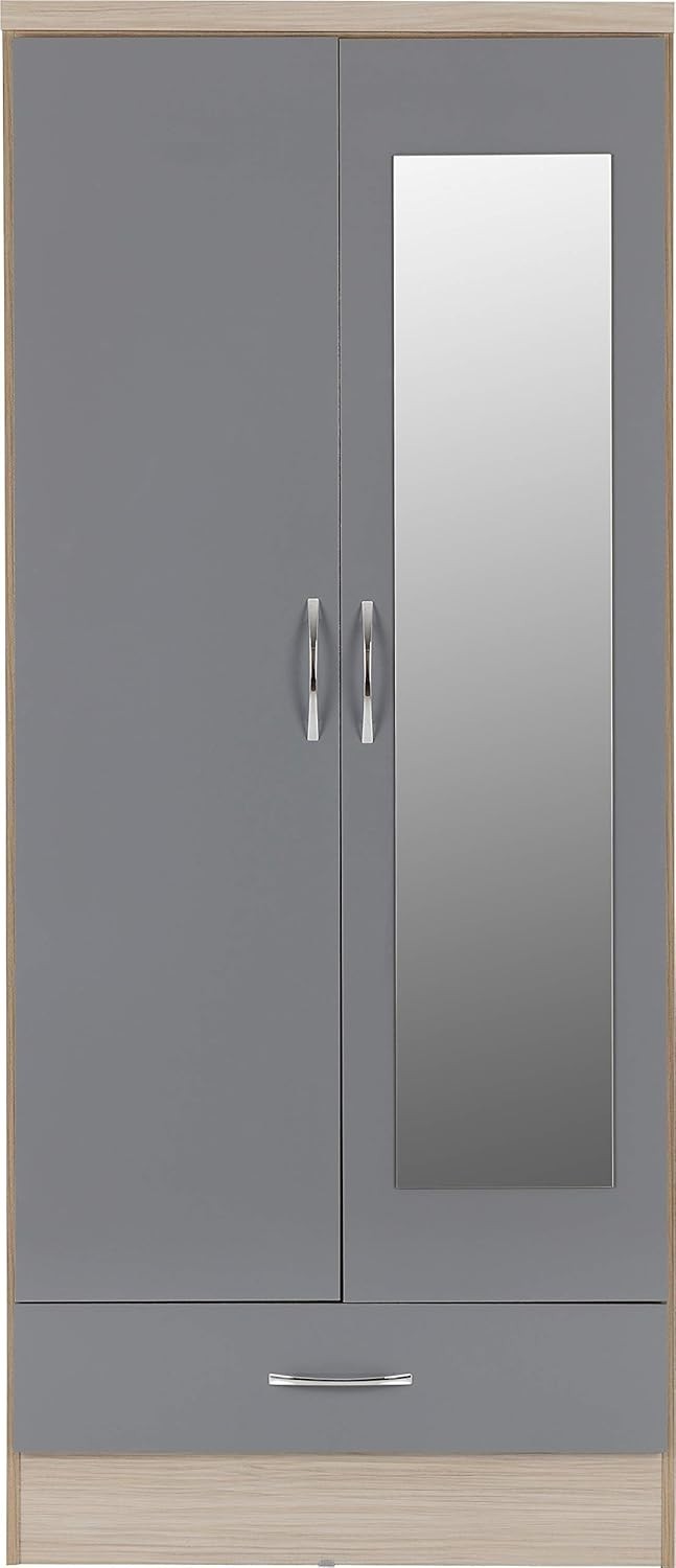 2 Door Mirrored Wardrobe with Drawer – Grey Gloss Oak Bedroom Storage