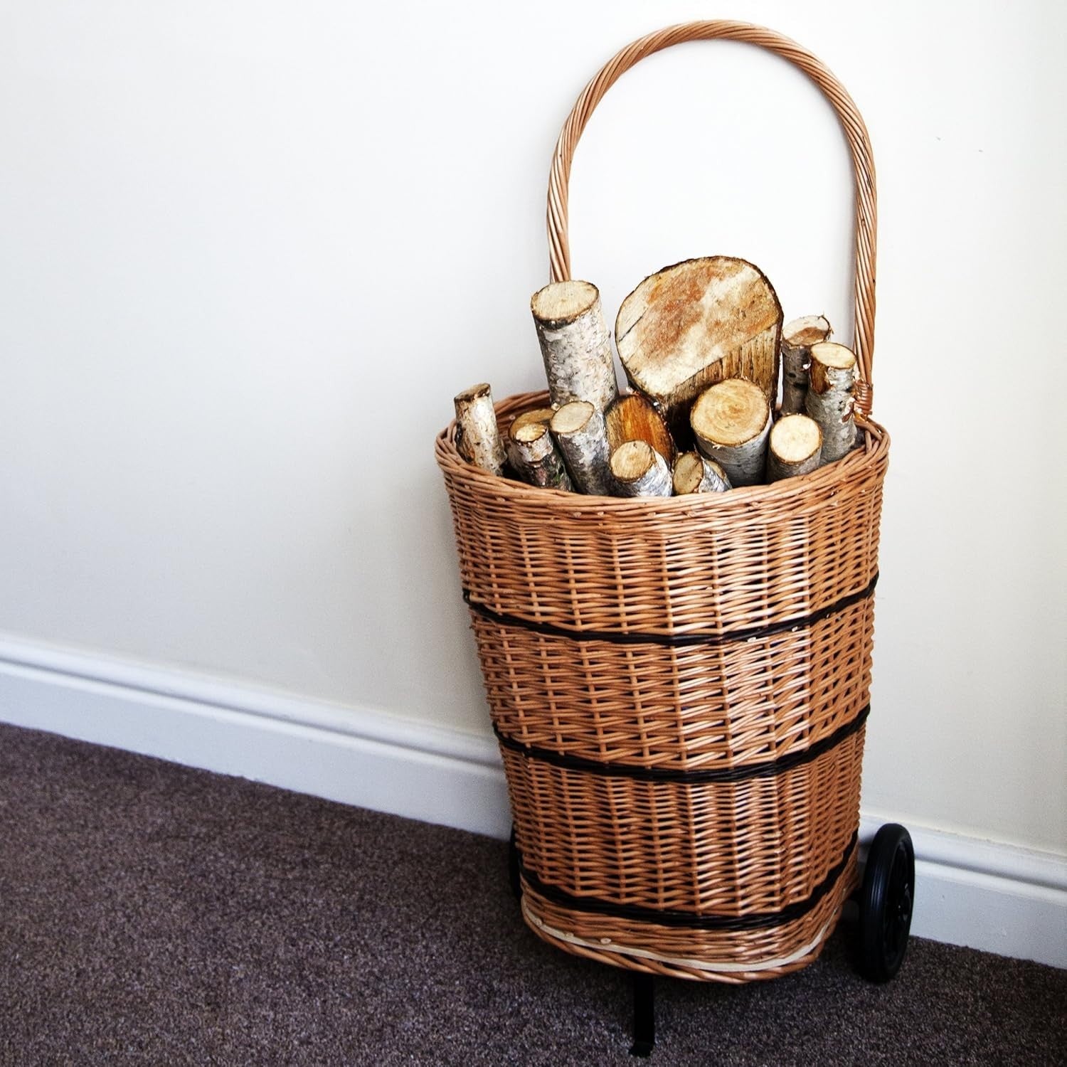 Wicker Trolley Basket with Wheels – Eco Handwoven Log Holder 35x45x58cm