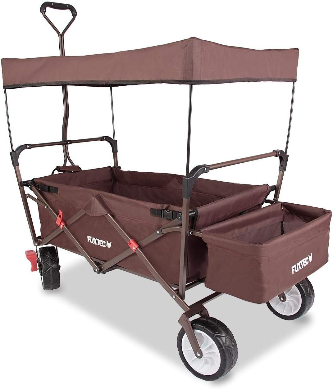 Brown Folding Wagon w/ Canopy Compact Pull Cart Garden Trolley w/ Rear Bag