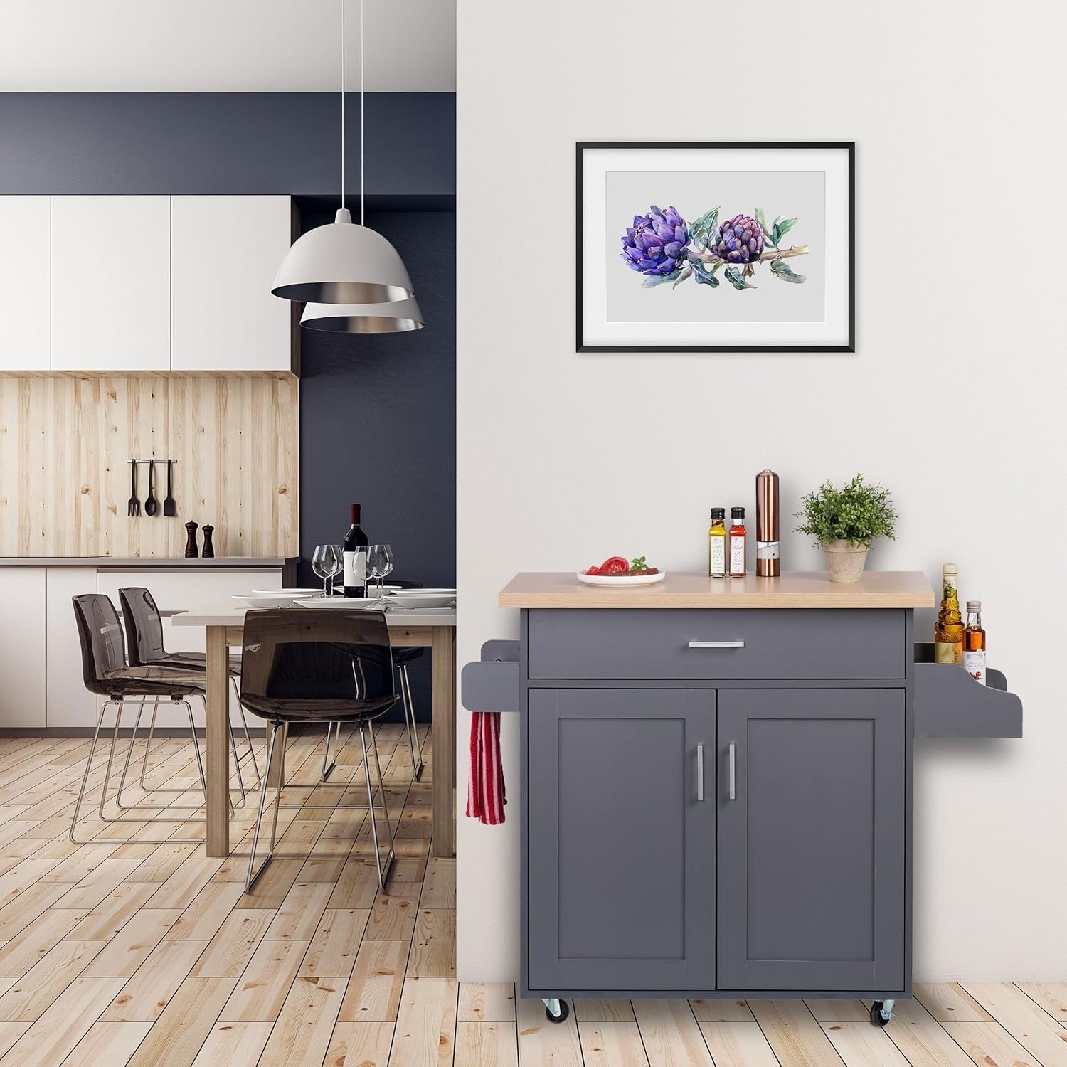 Grey Kitchen Trolley with Worktop, Drawer, Spice Rack & Storage 114x39x90cm