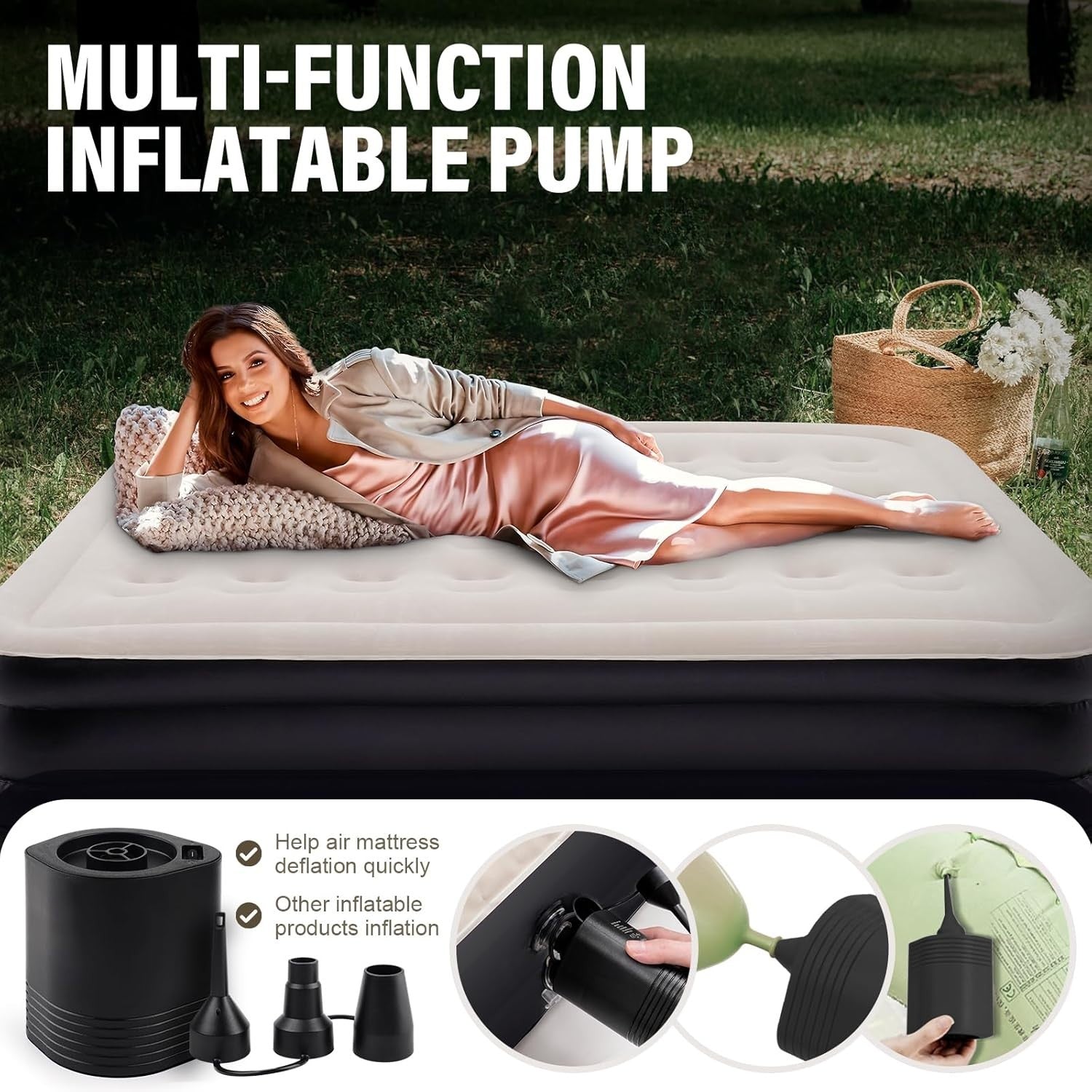 Double Air Bed with Built-in Pump, Self-Inflating Mattress 200x152x40