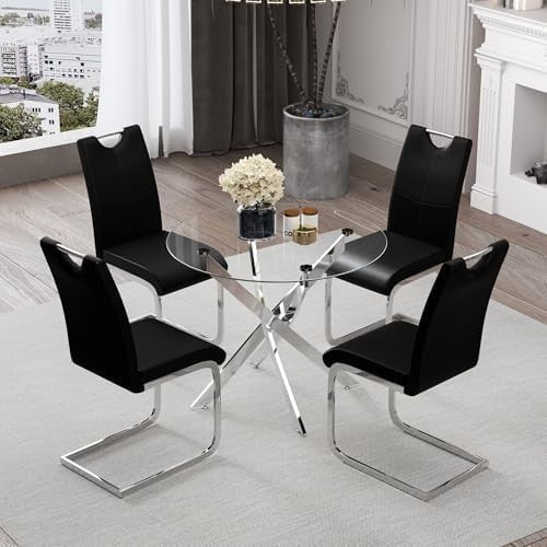 Round 100cm Glass Dining Table with 4 Black Faux Leather Chairs Set