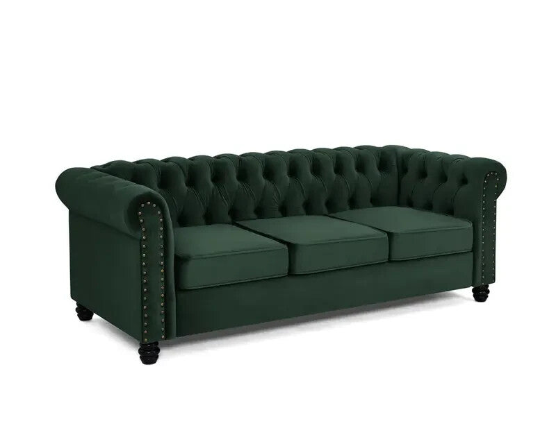 Green Velvet Chesterfield Sofa 3 Seater Scroll Arms Tufted Fabric Couch