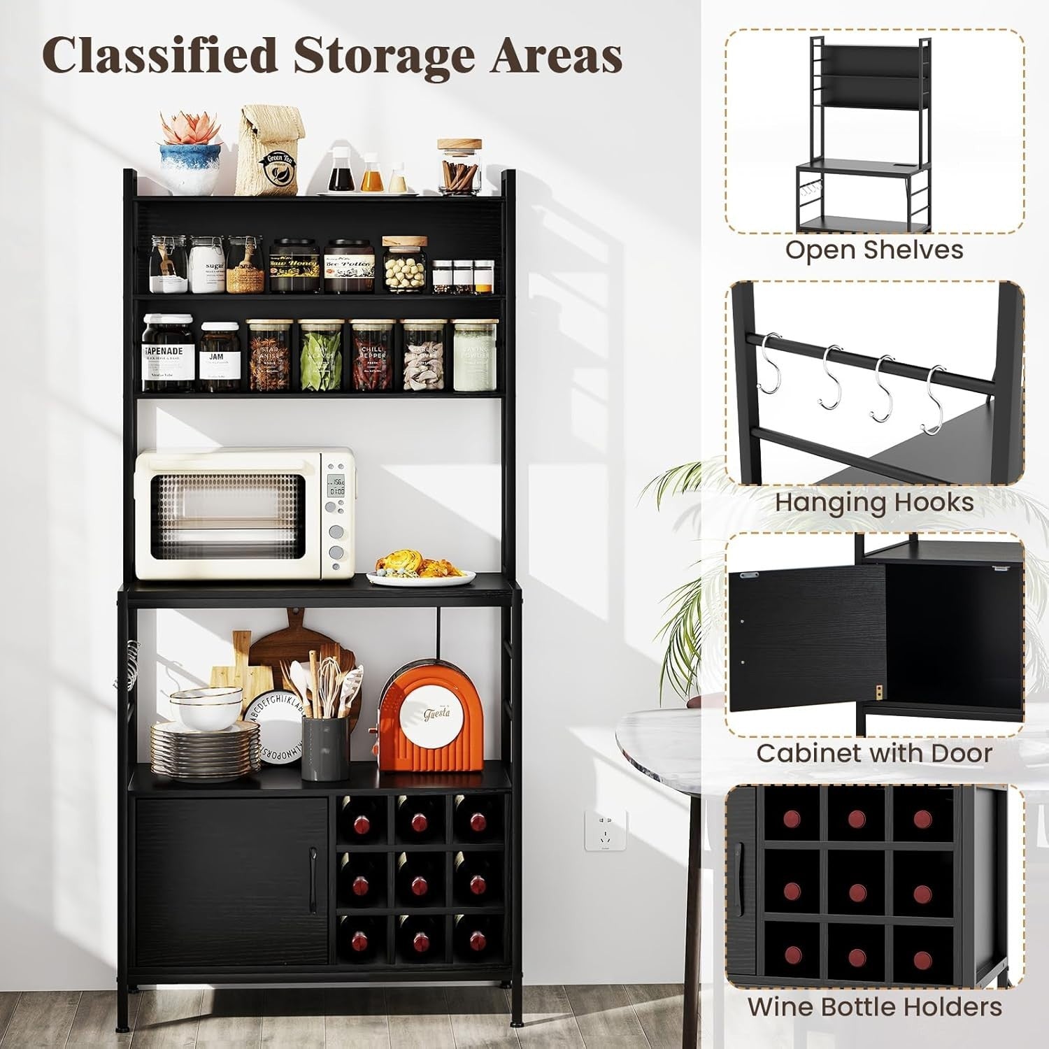 Kitchen Baker’s Rack Wine Bar Cabinet with Power Outlets, Microwave Stand
