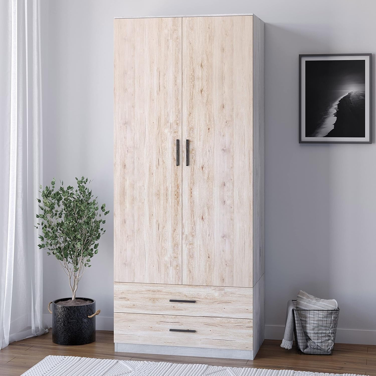 Tall Oak Wardrobe 2 Door 2 Drawer Storage Cabinet for Bedroom Clothes