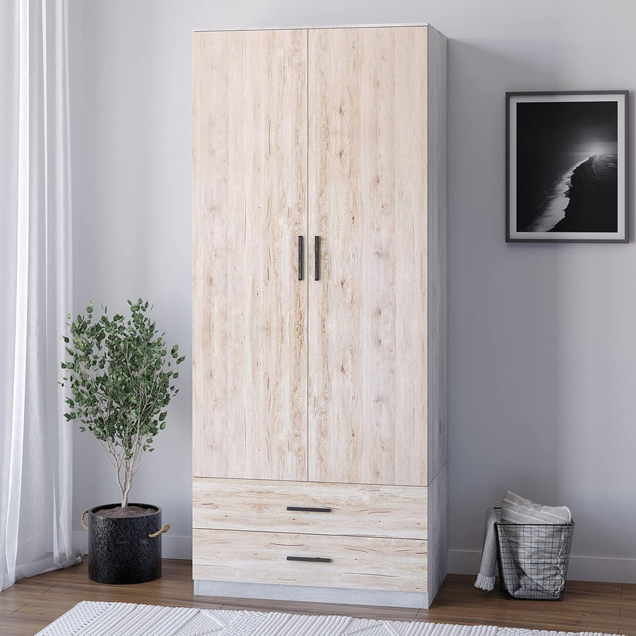 Tall Oak Wardrobe 2 Door 2 Drawer Storage Cabinet for Bedroom Clothes