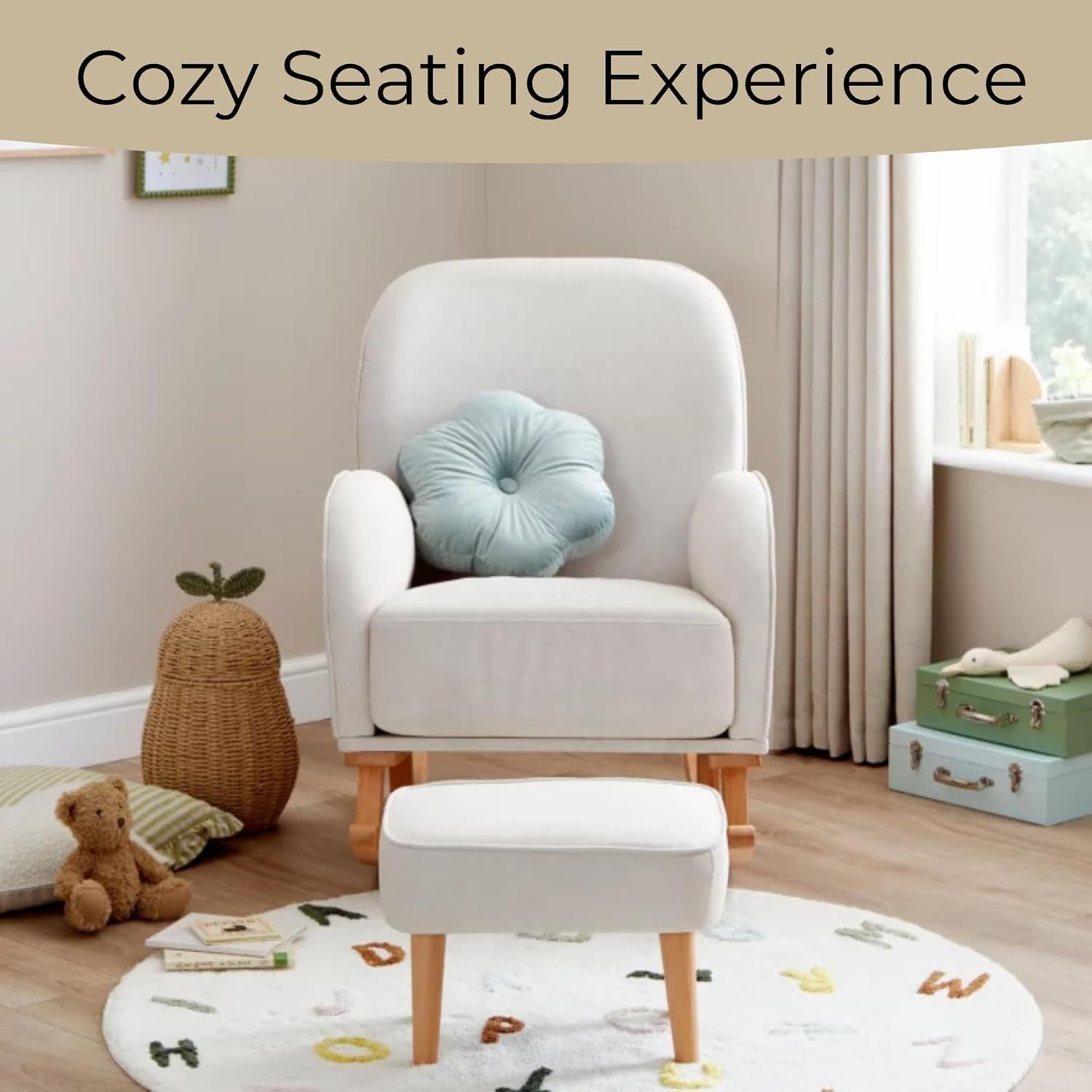 Cream Nursery Rocking Chair w/ Footstool – Plush Comfort for Baby Room