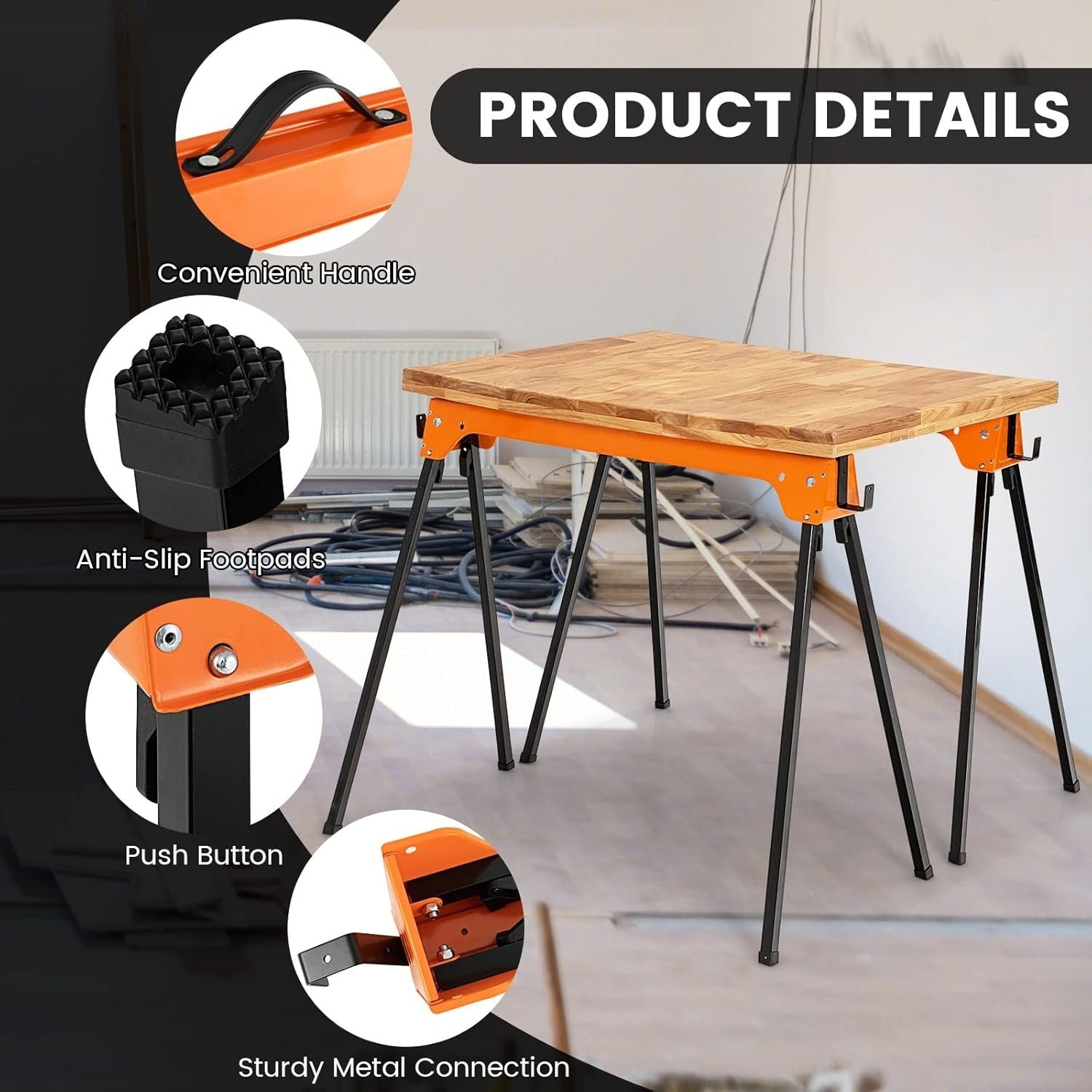 Folding Sawhorse Twin Pack Heavy Duty 454kg 2x4 Support Arms Orange 92x48