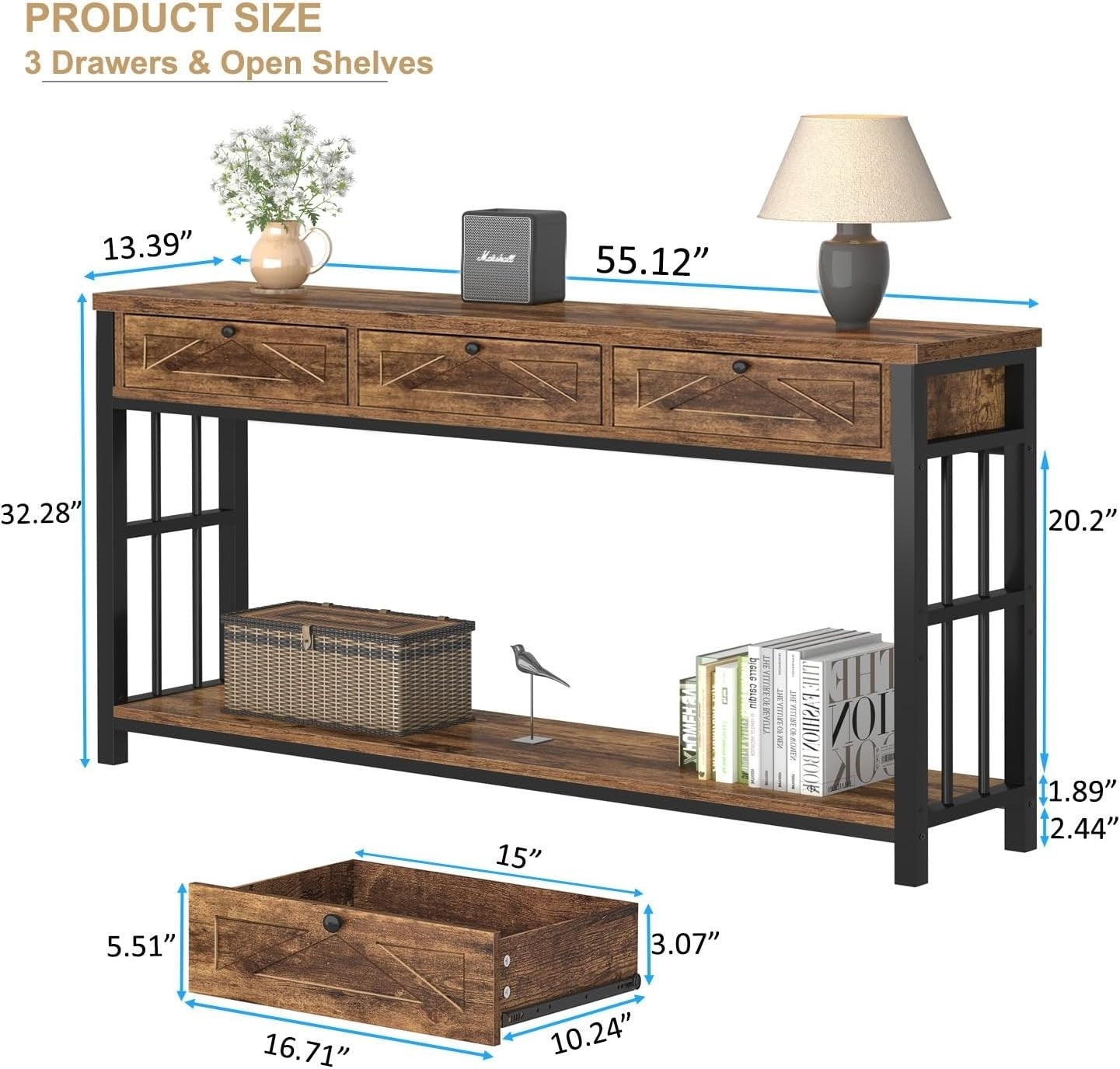 Rustic Entryway Console Table with 3 Drawers & Open Shelf, 140x34x80cm