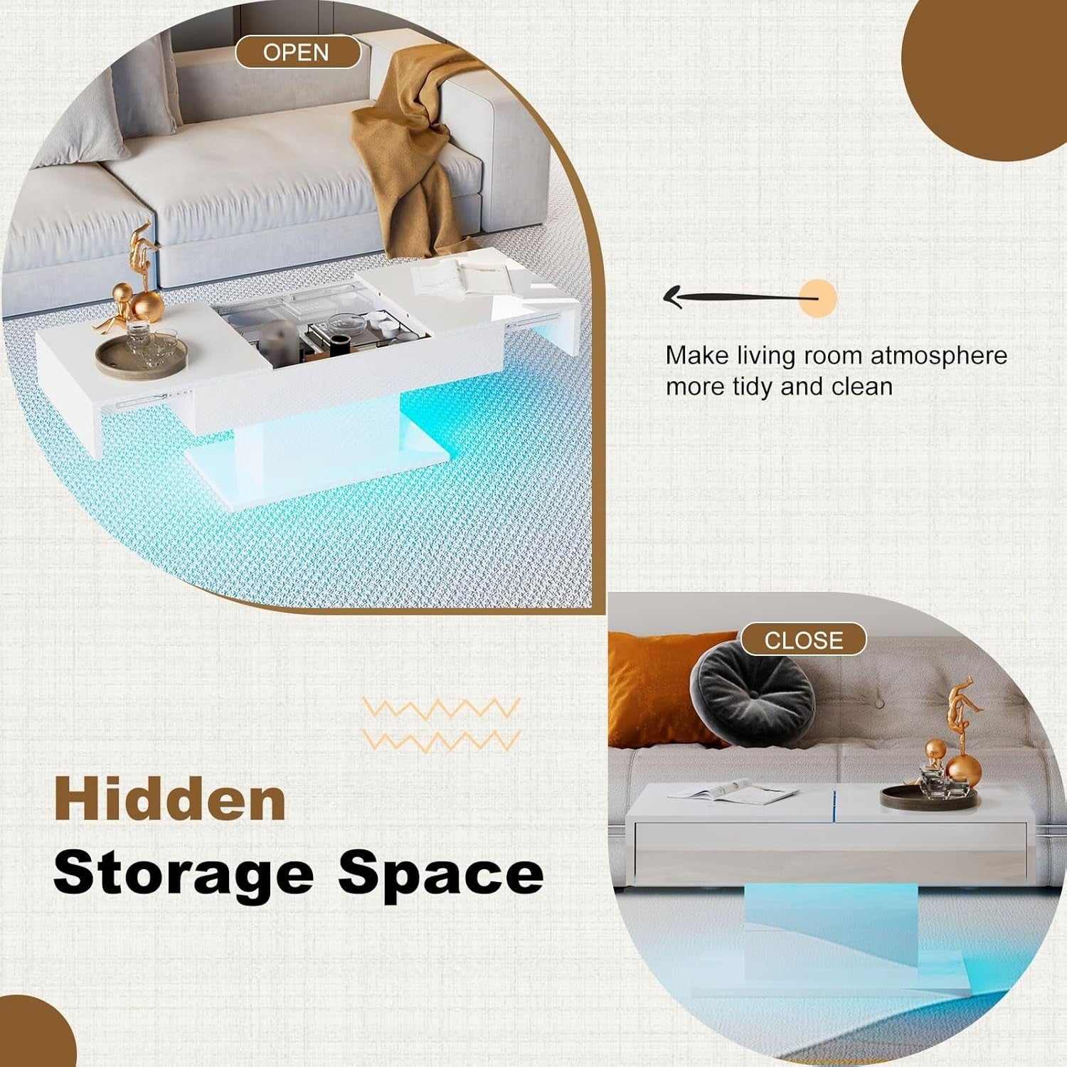 Modern White Coffee Table with Hidden Storage, Sliding Drawers & LED Lights