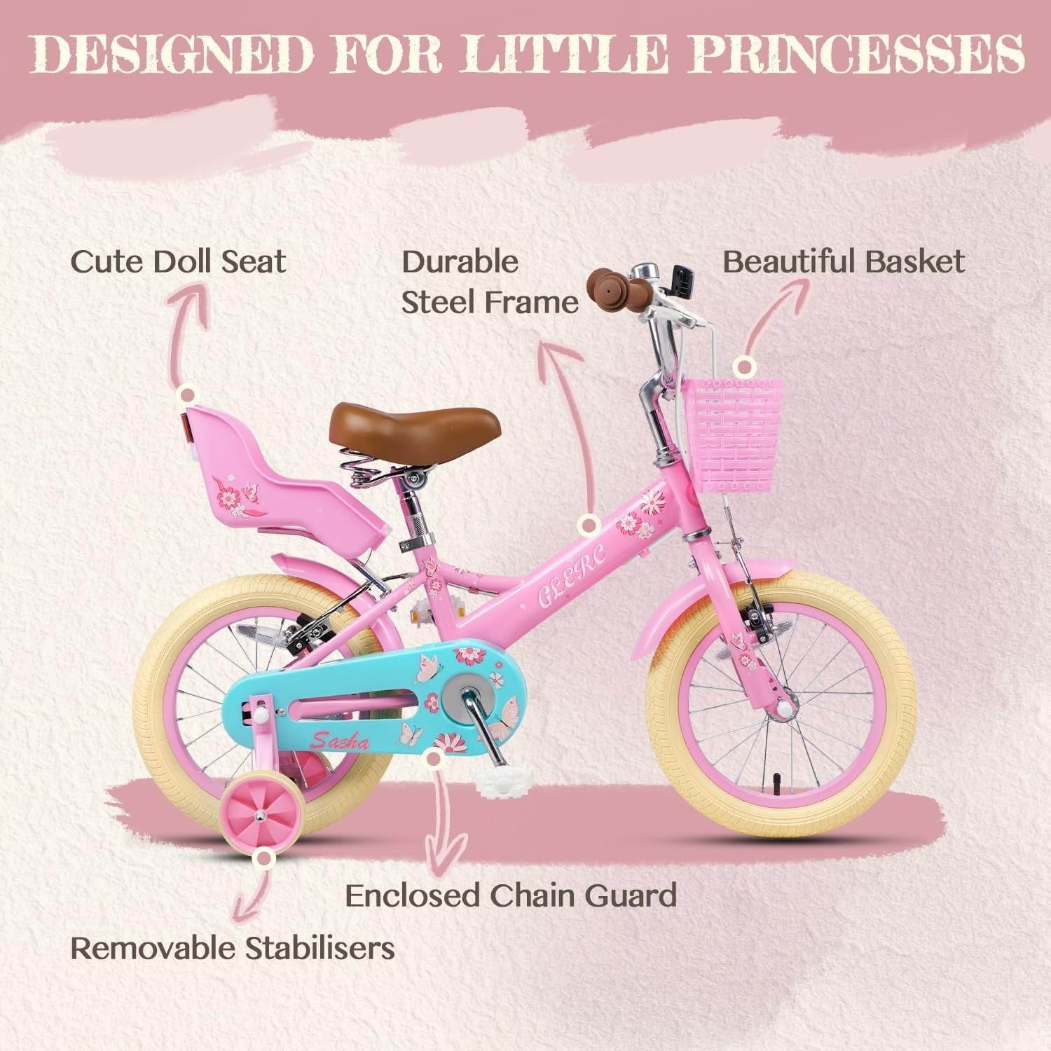 12 Inch Girls Kids Bike with Stabilisers Basket Doll Seat Pink Age 2-4