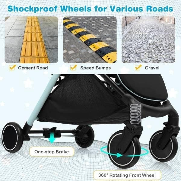 Blue Baby Stroller One Hand Fold Lightweight Travel Buggy 5 Point