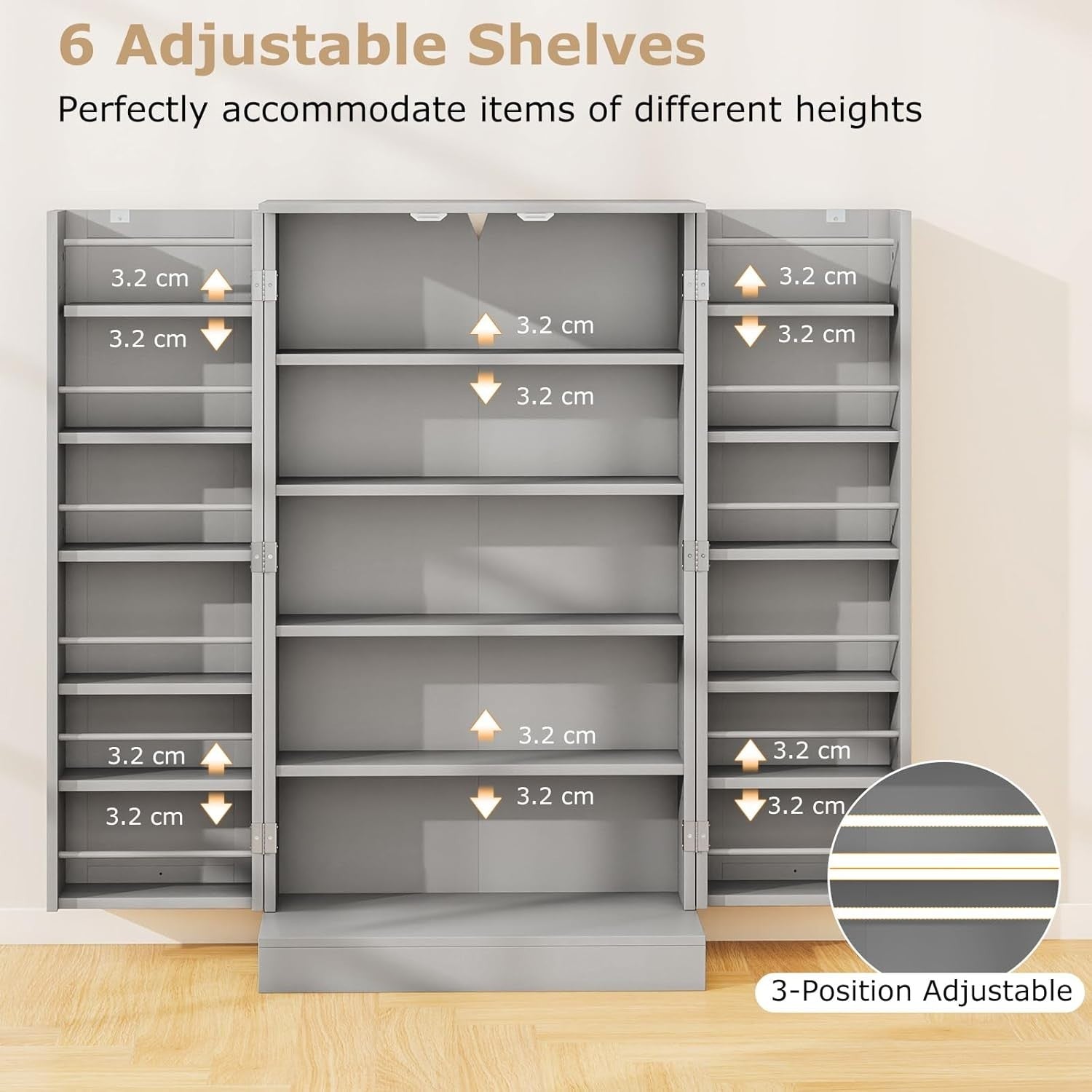 Compact Grey Pantry Cabinet with 2 Doors and 17 Storage Shelves