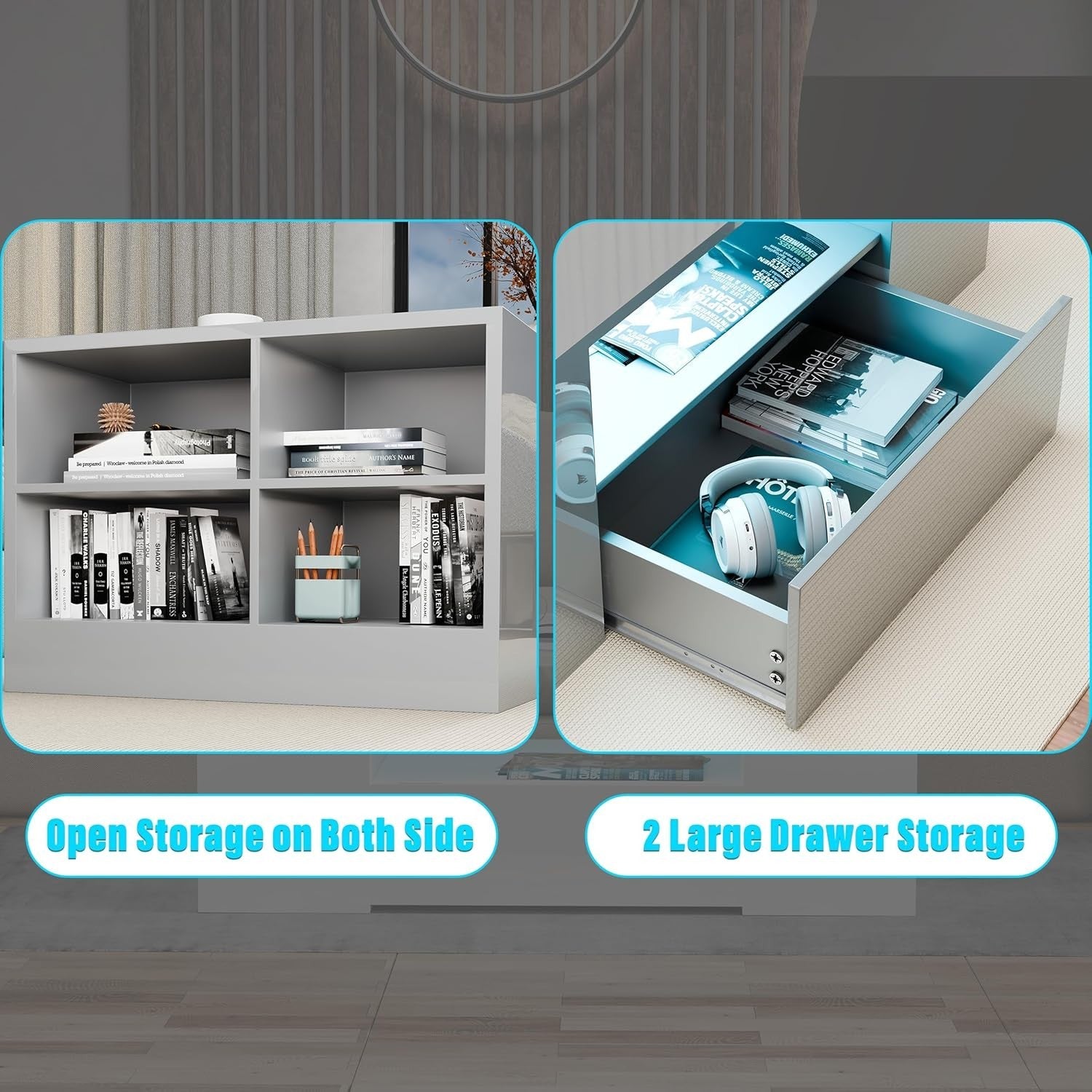 Grey High Gloss Coffee Table with 2 Drawers, LED RGB Lights & Storage 95x55x37cm