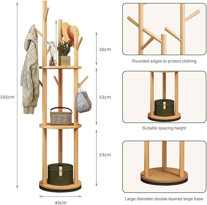 Rotating Coat Rack Stand 165cm Hall Tree with Storage Shelves Light Wood