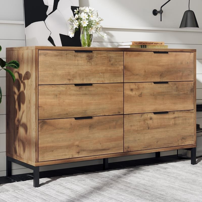 Rustic Oak Sideboard Cabinet with 6 Drawers, Chest Storage Unit 120cm