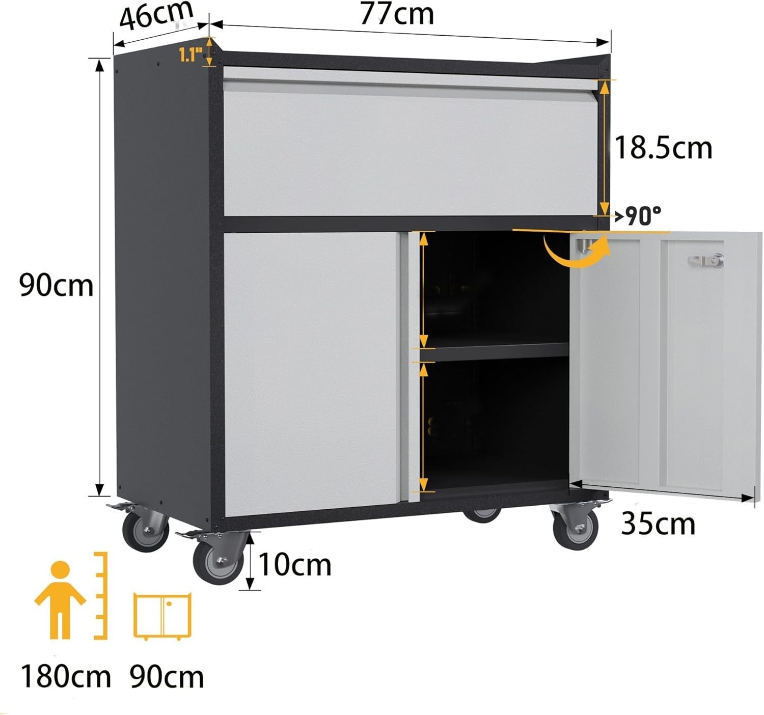 Mobile Metal Storage Cabinet with Lockable Doors, Drawer & Wheels