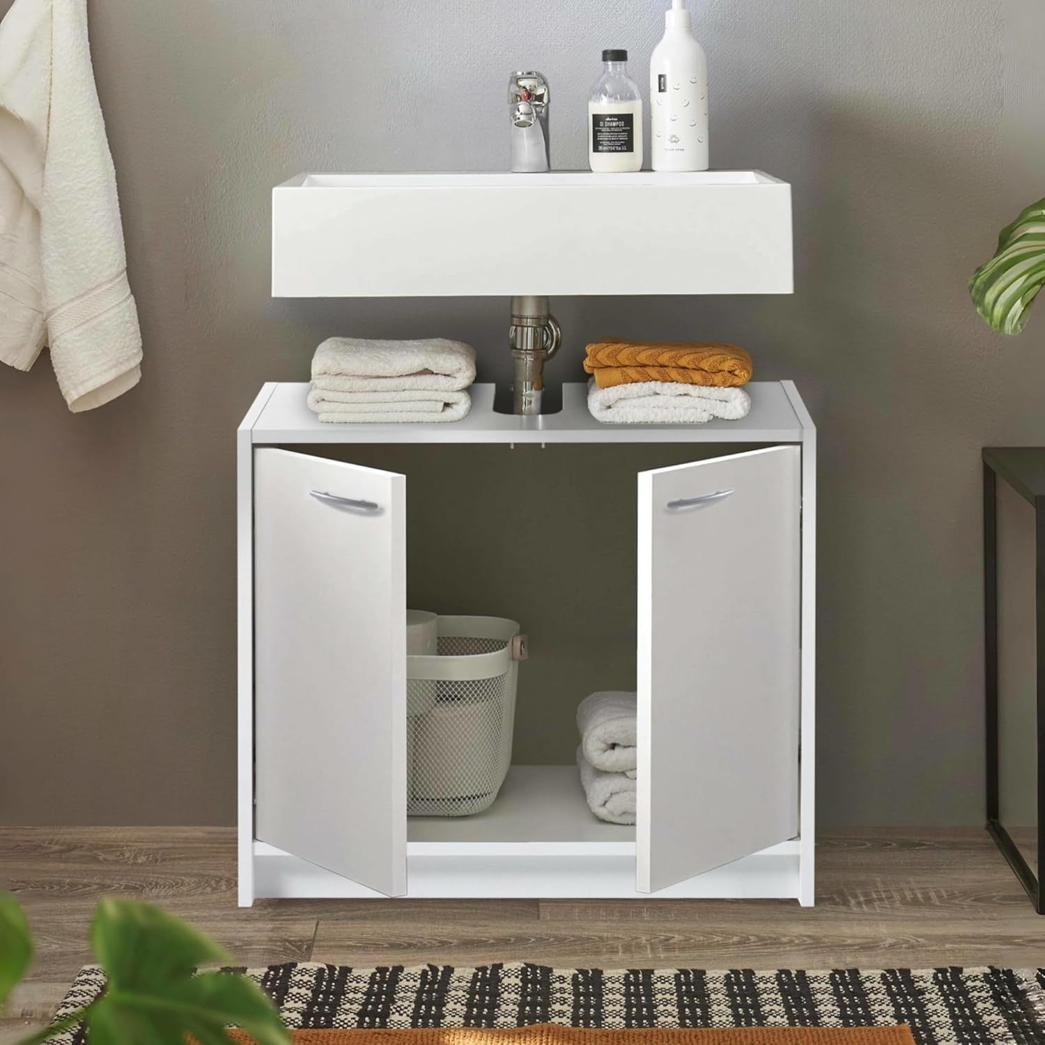 White Under Sink Bathroom Cabinet 65x53x55cm Modern Storage Cupboard Unit