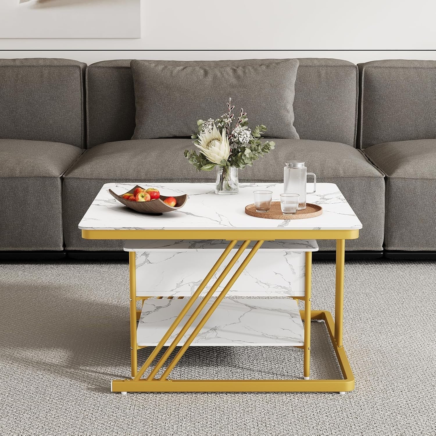 Nesting Coffee Table Set 2 Square Lift Top Storage Gold White Living Room