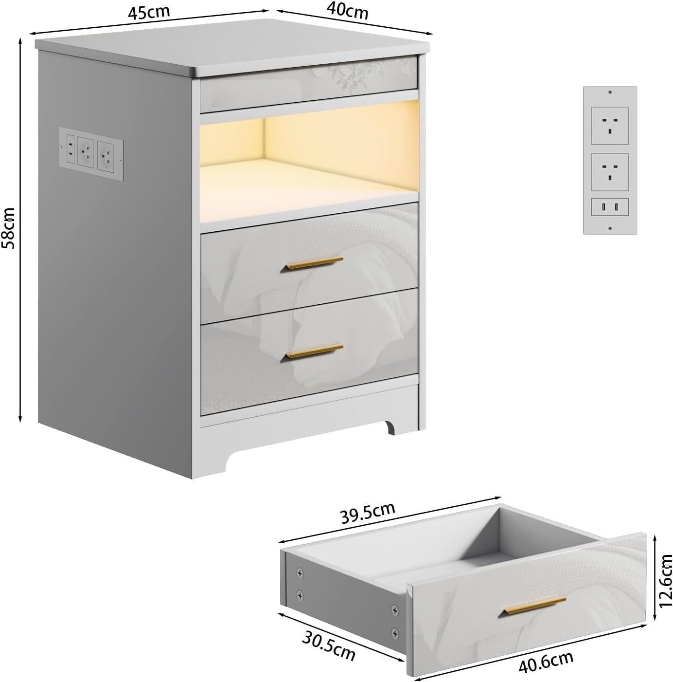 White LED Bedside Table with USB Charging Ports, Lockable Drawers & RGB Lights