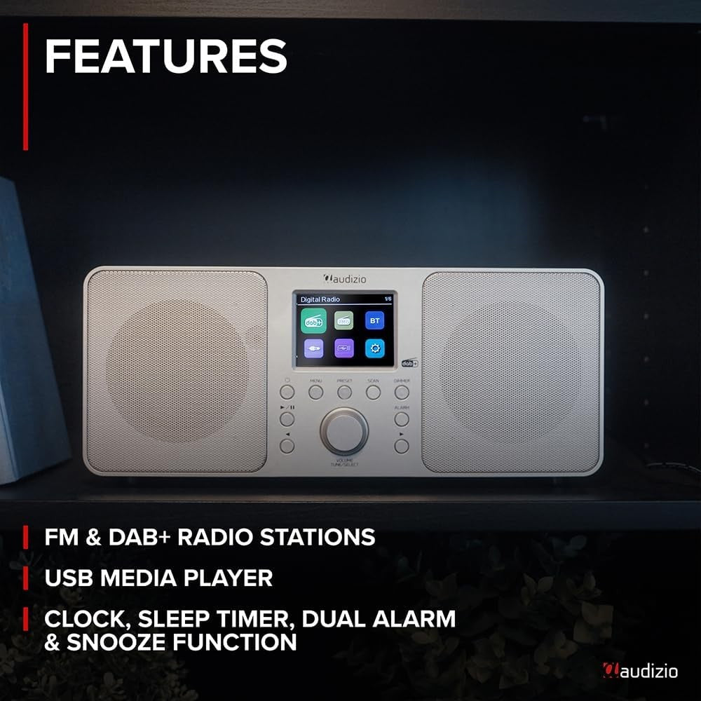 DAB+ Digital Radio Bluetooth Stereo 50W Dual Alarm Colour Display Silver