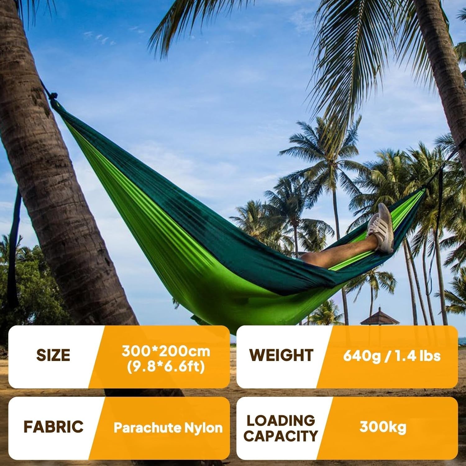 Heavy-Duty 300x200cm Nylon Camping Hammock w/ 2 Carabiners & Straps