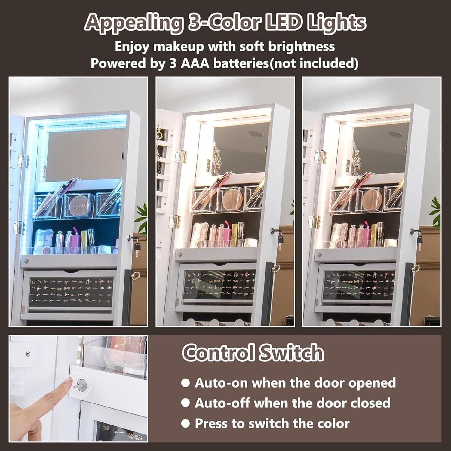 2 in 1 Standing Mirror Jewelry Armoire LED Light Lockable Storage Cabinet
