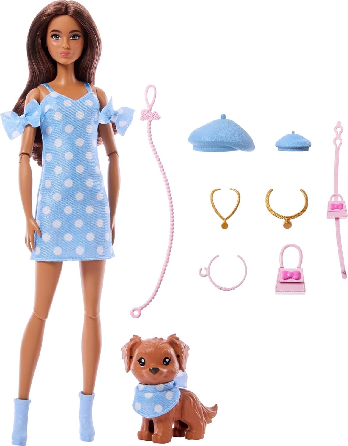Fashion Doll & Puppy Matching Blue Outfit Beret Purses Play Set