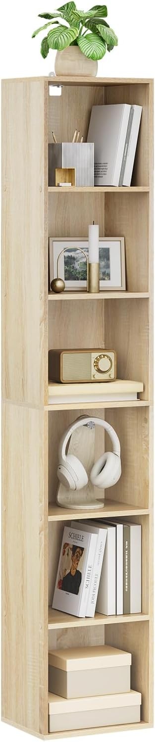 Tall Oak Bookcase 6 Cube Shelf Unit Modern Slim Storage for Living Room Bedroom