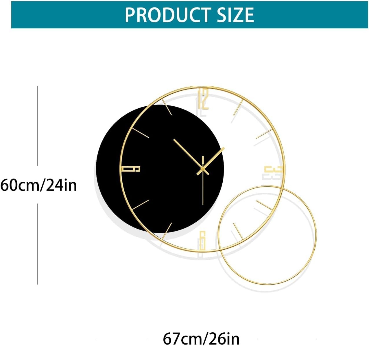 Oversized Black Gold Wall Clock Silent Non-Ticking Modern Metal Decor 67x60cm