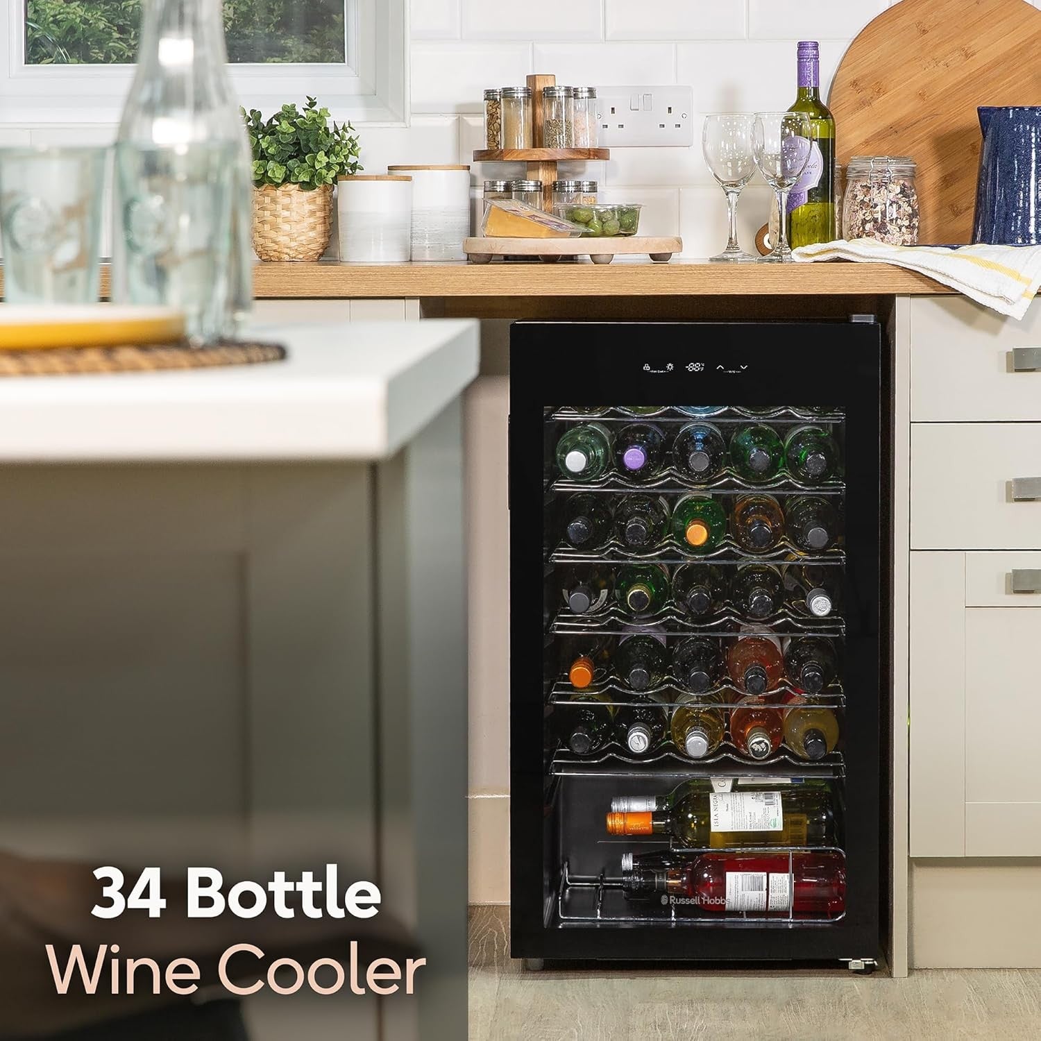 34 Bottle Wine & Drinks Fridge Undercounter Glass Door LED Touch Control