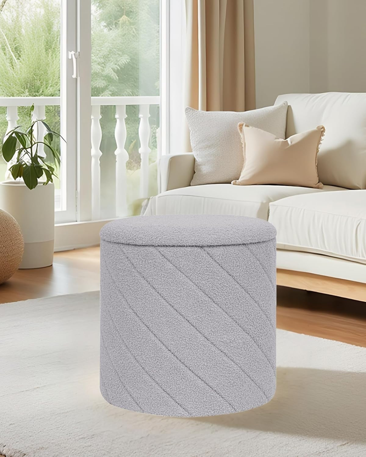 Grey Boucle Round Storage Ottoman Stool Footrest Vanity Seat
