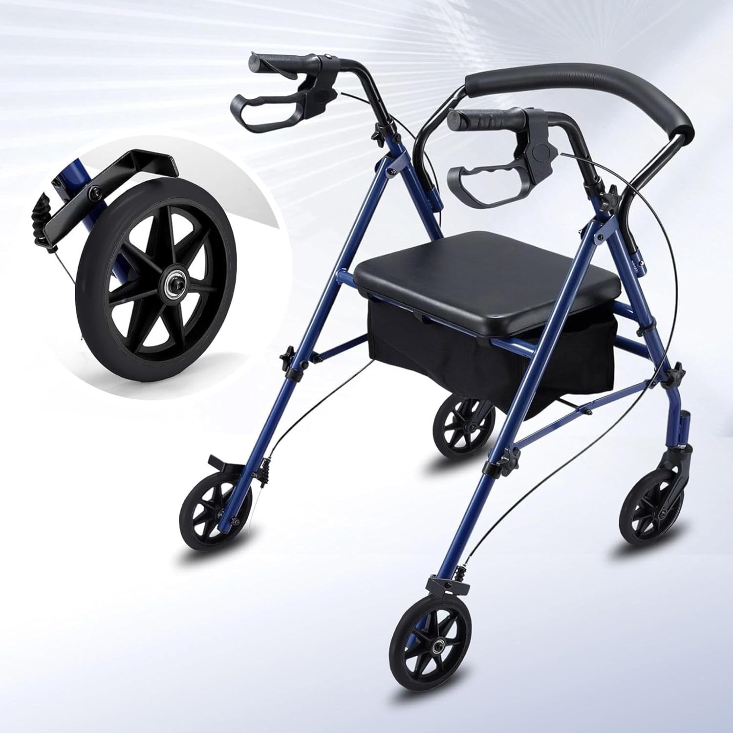Lightweight Folding Rollator Walker with Seat 4 Wheels Adjustable Brakes