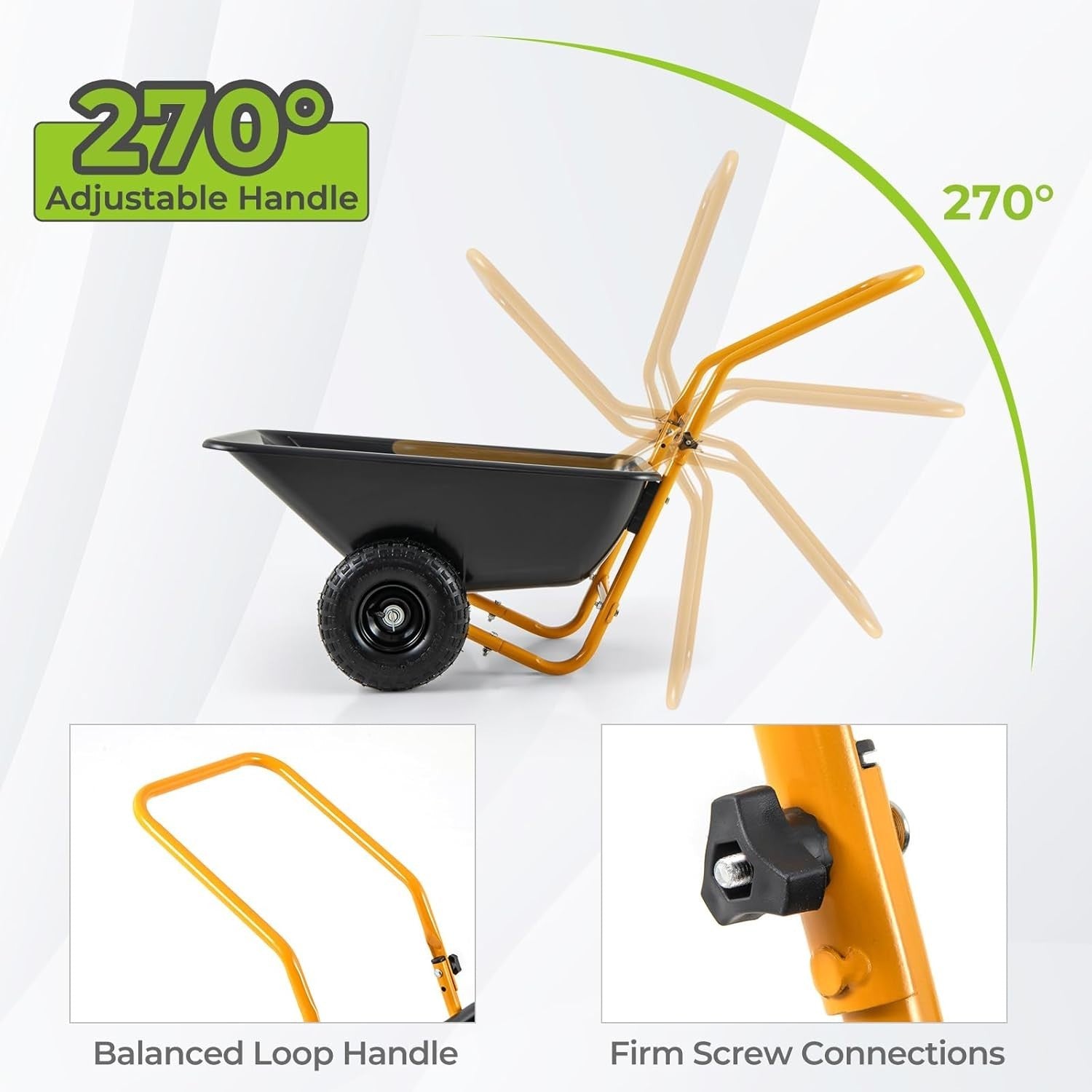 80L 2-Wheel Wheelbarrow Black+Yellow – Pneumatic Tyres w/ Adj Handle 100kg Cap