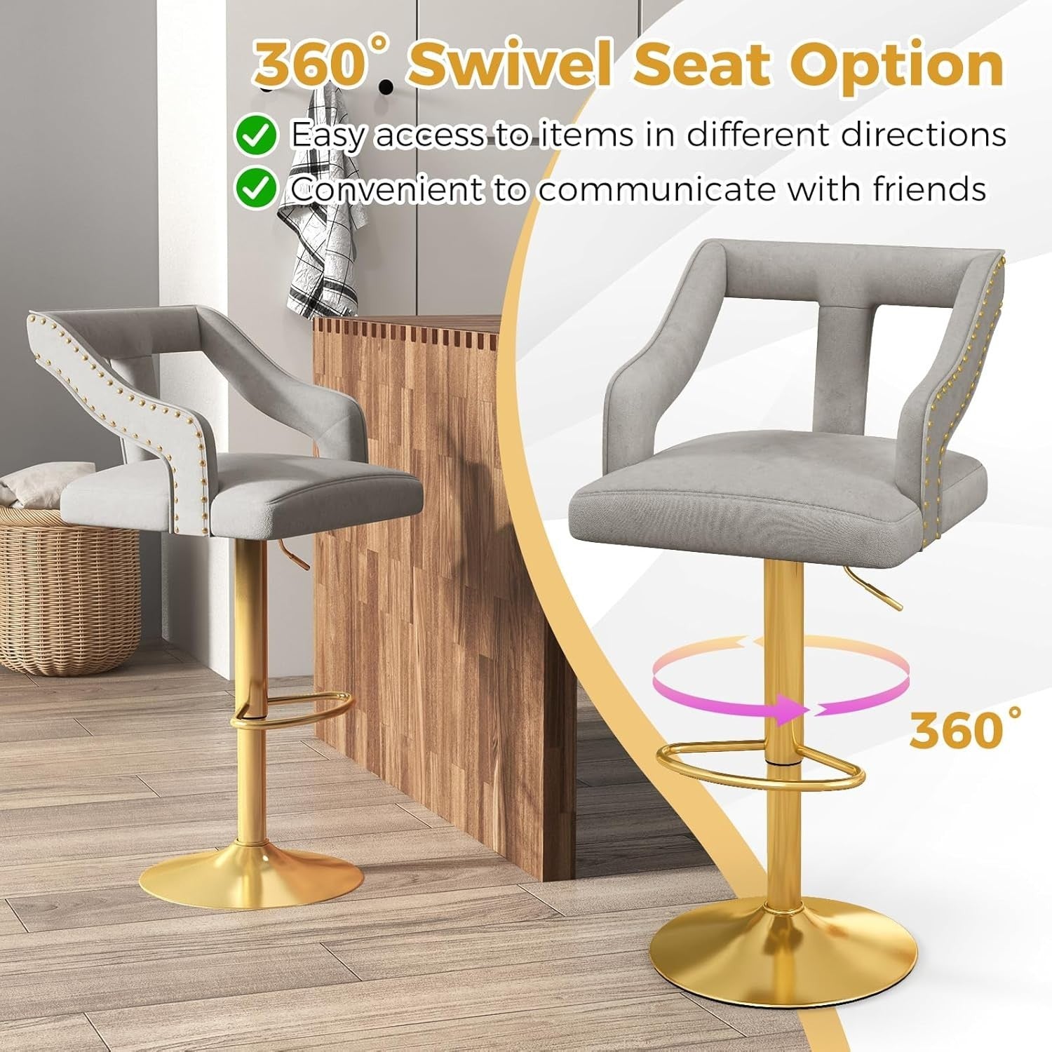Luxury Velvet Bar Stools Set of 2 – Adjustable Swivel Counter Chairs