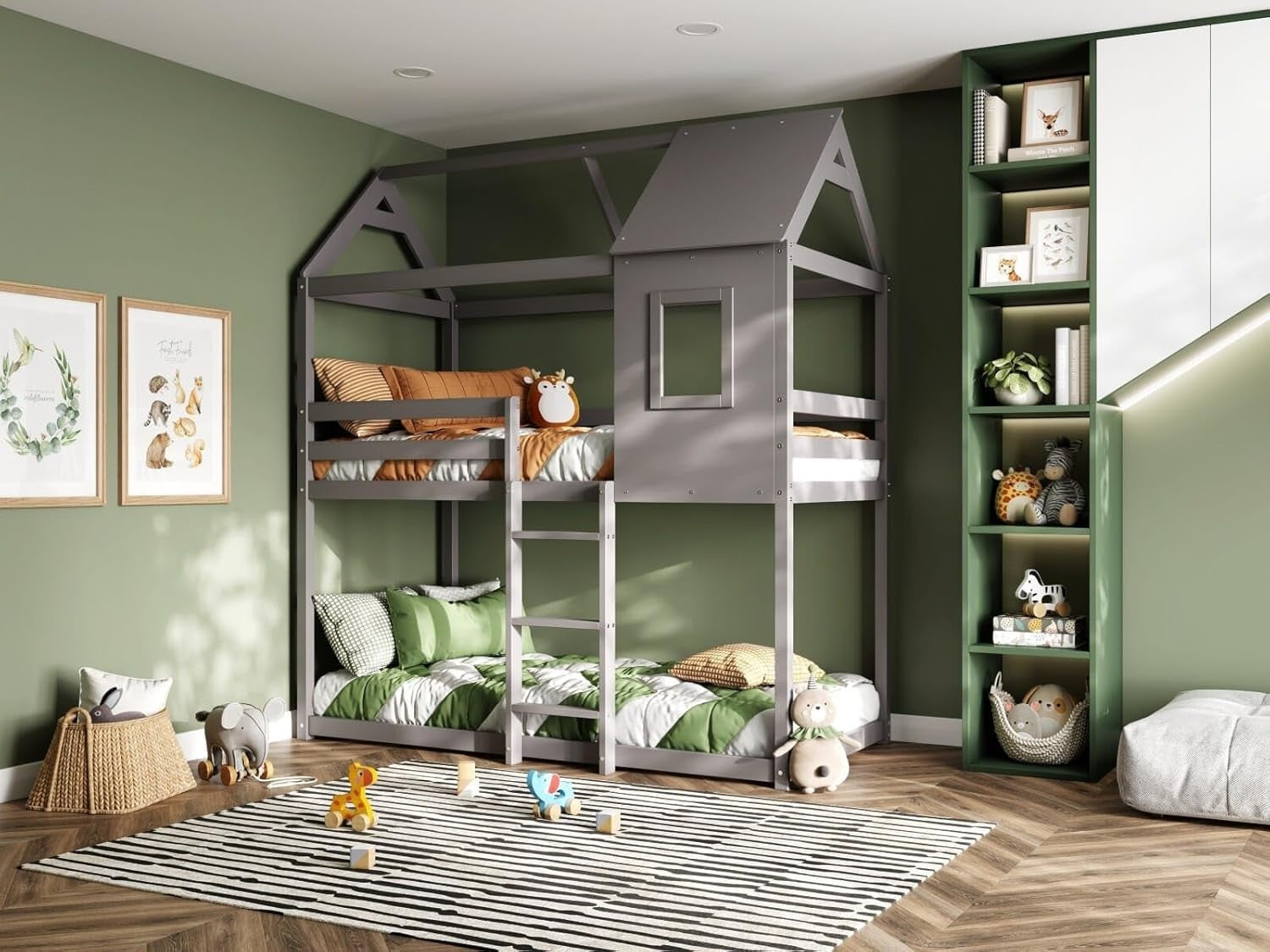 Grey Wooden Treehouse Bunk Bed Single Kids Safe Loft Bed w/ Storage