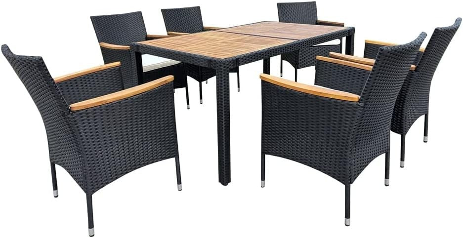 7 Piece Patio Rattan Dining Set Outdoor Garden Table & Stackable Chairs