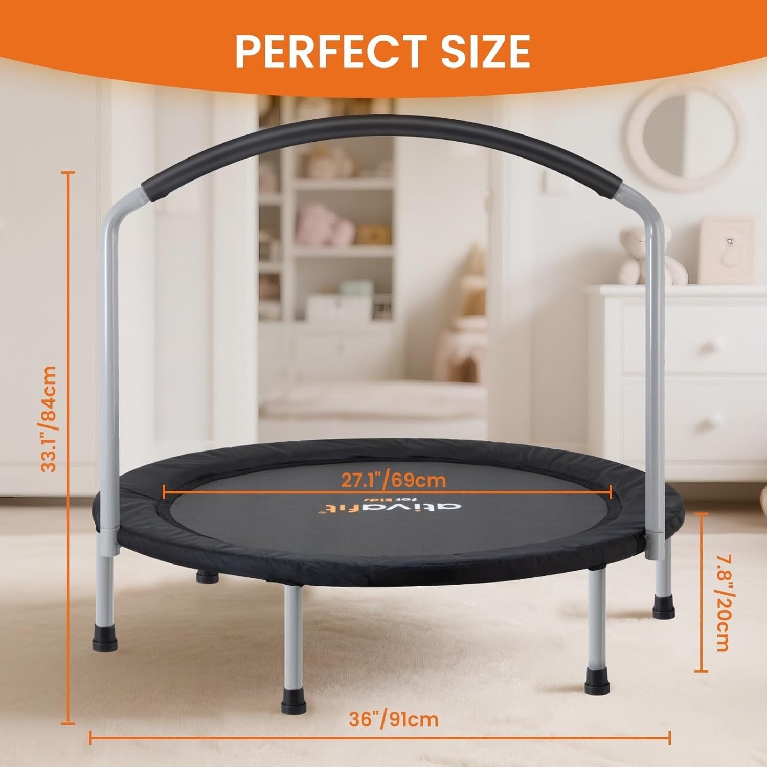 36” Foldable Toddler Mini Trampoline Quiet Indoor Outdoor w Foam Handle