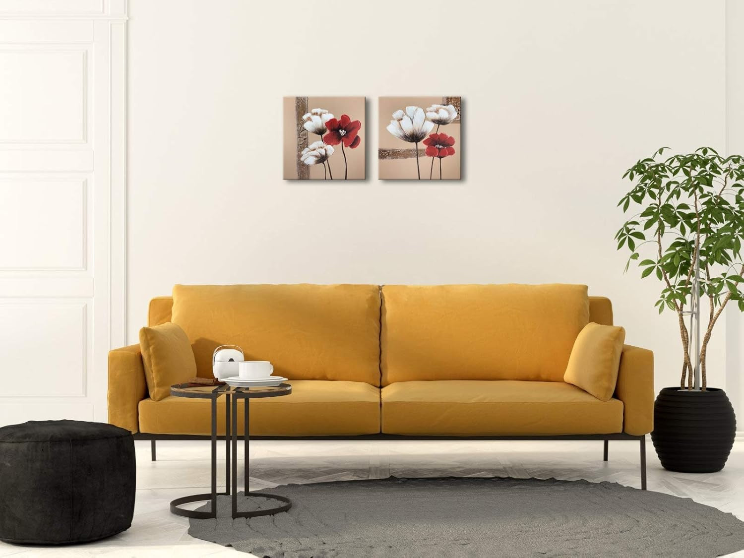 Red White Floral Canvas Wall Art 2 Panels Modern Home Decor Print