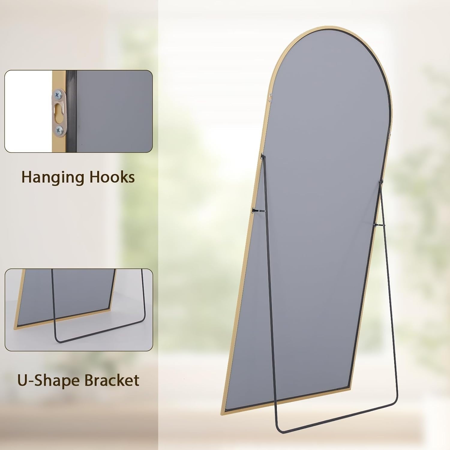 Full-Length Arched Mirror 142x52cm Shatterproof Gold Aluminum Frame