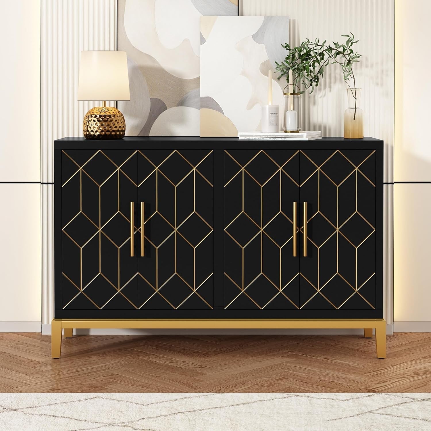 Black Sideboard Cabinet 4 Door Gold Trim Storage Unit for Hallway Room