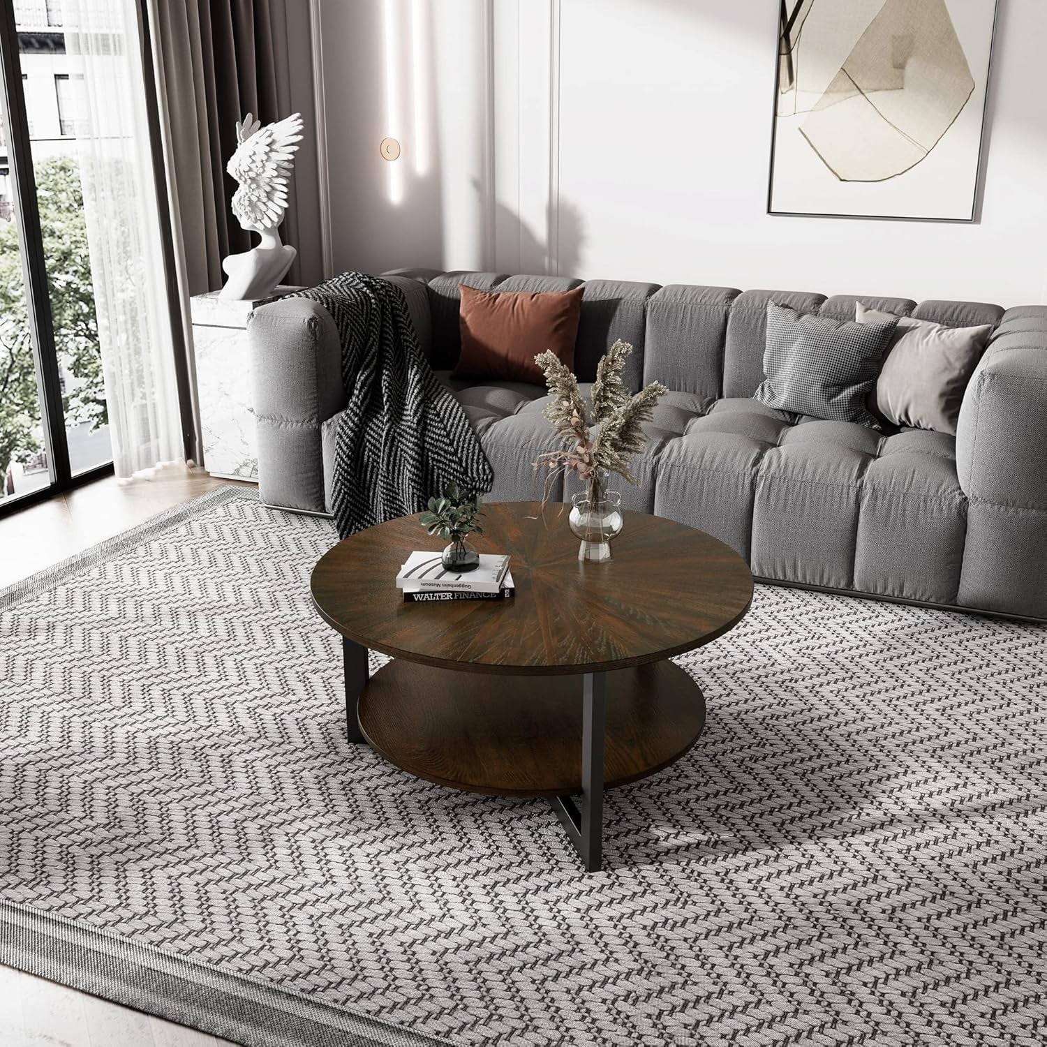 Round Coffee Table with 2-Tier Storage, Solid Wood & Metal Frame 85x45.3cm